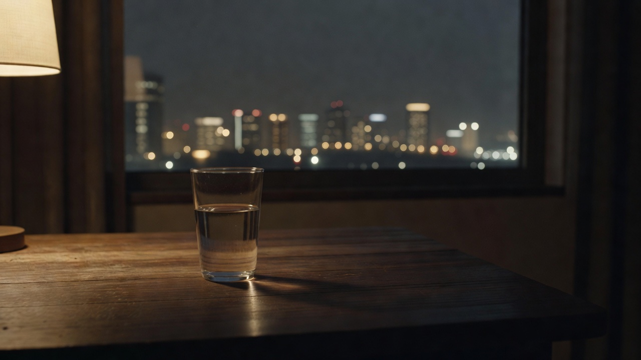 夜色中的城市窗景与桌上一杯未动的水，呼应久操91片中关键场景氛围